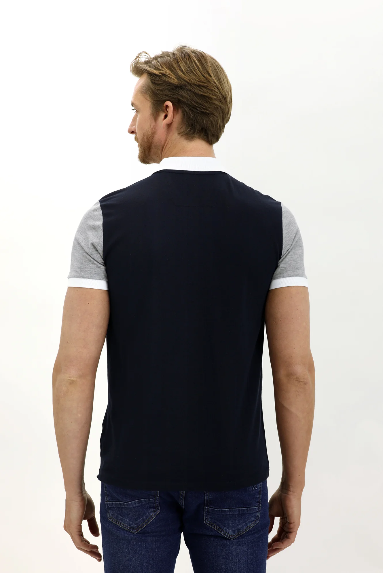 Koyu Lacivert Polo Yaka Slim Fit Dar Kesim Desenli Pamuk Tişört - Image 5