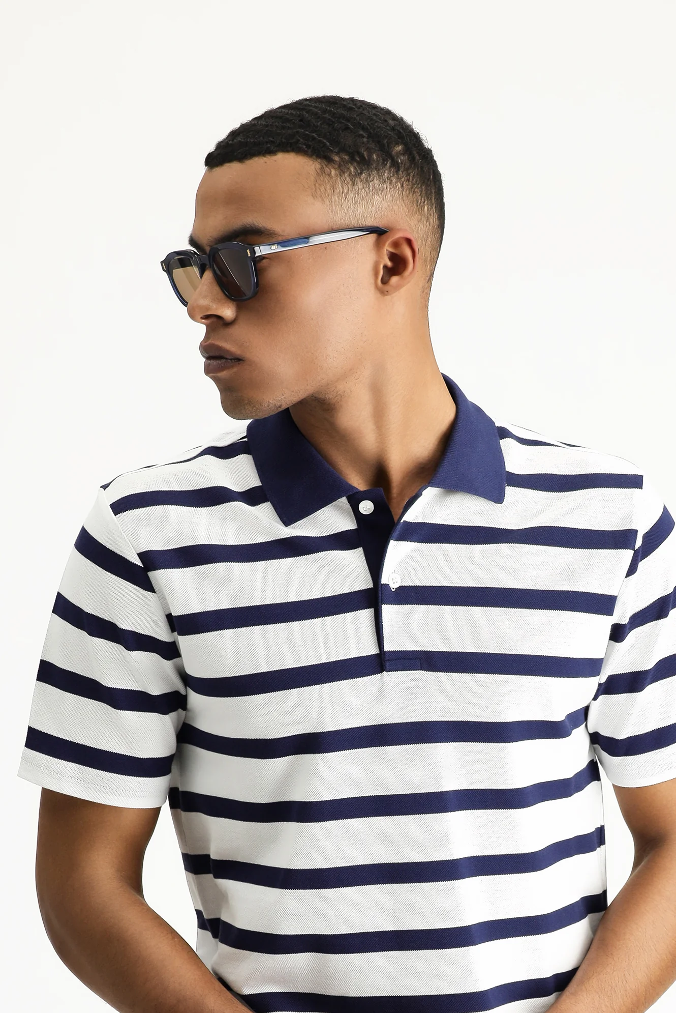 Koyu Lacivert Polo Yaka Slim Fit Dar Kesim Desenli Pamuk Tişört