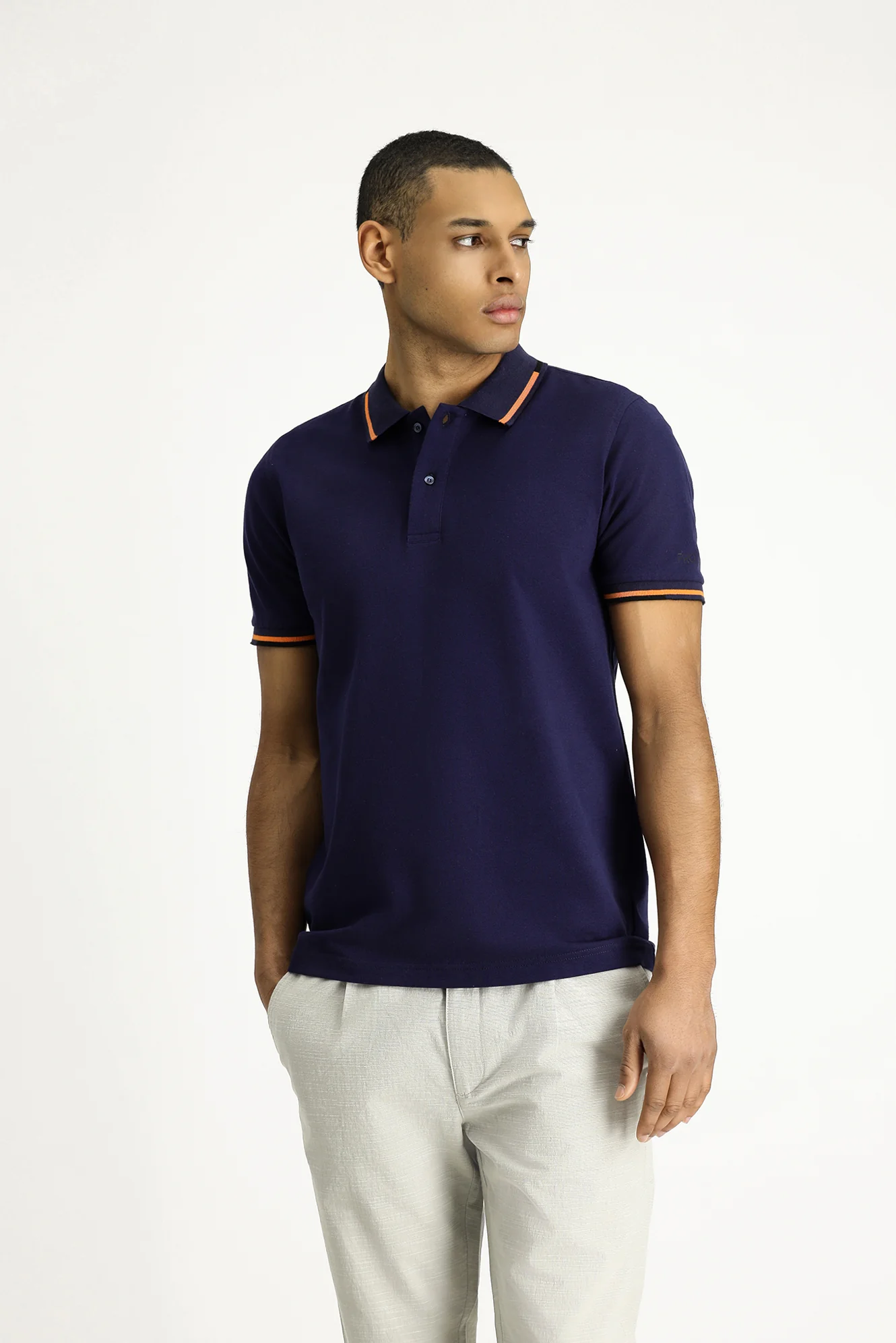 Koyu Lacivert Polo Yaka Slim Fit Dar Kesim Desenli Pamuk Tişört