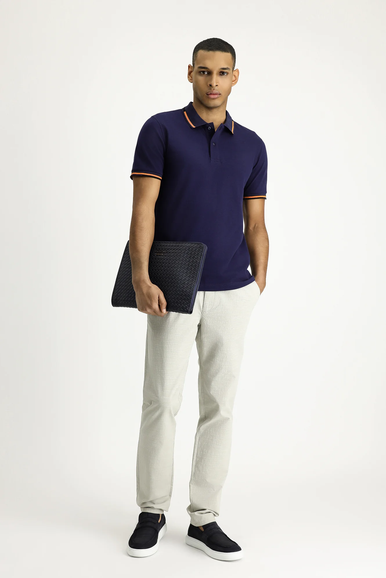 Koyu Lacivert Polo Yaka Slim Fit Dar Kesim Desenli Pamuk Tişört - Image 2