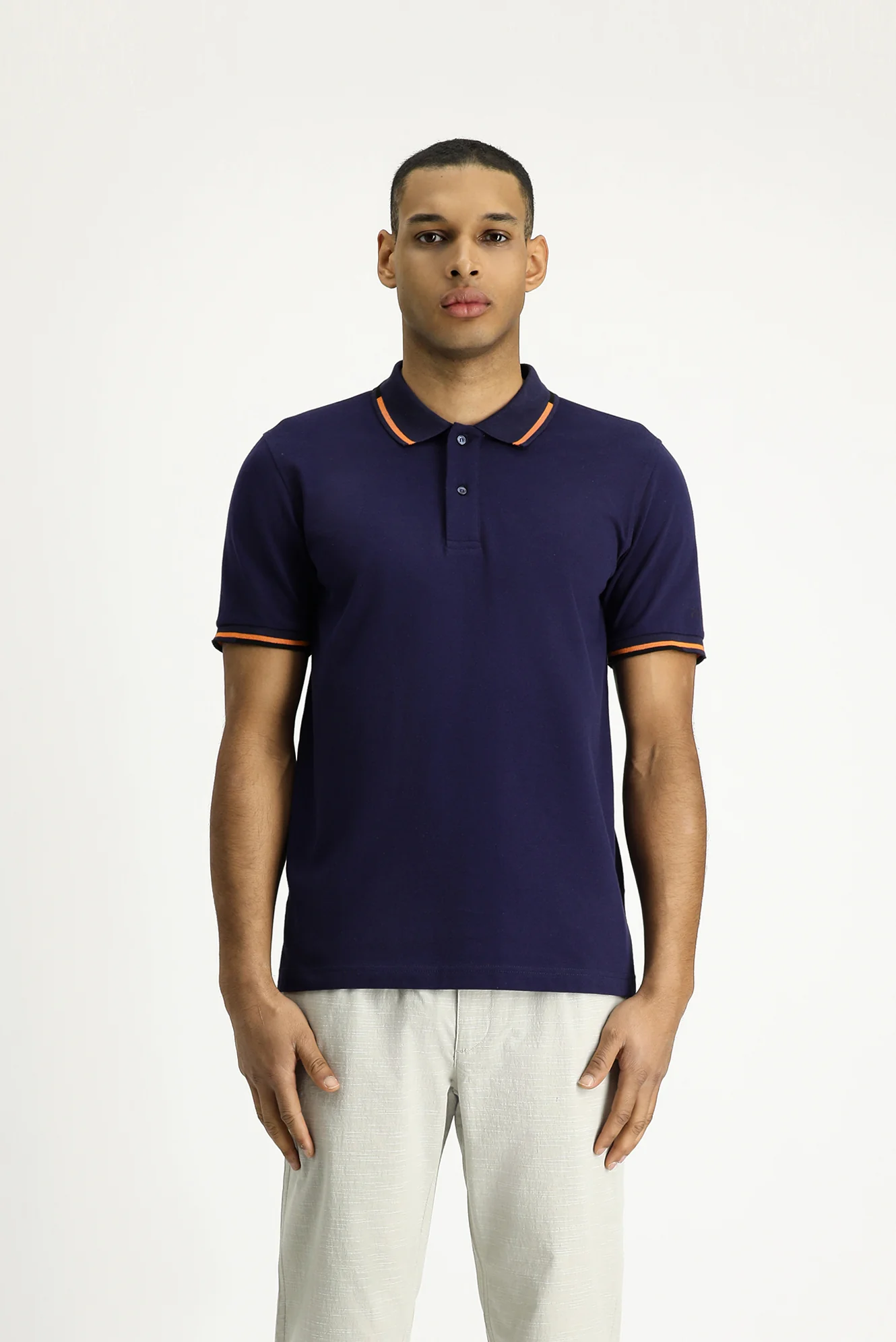 Koyu Lacivert Polo Yaka Slim Fit Dar Kesim Desenli Pamuk Tişört - Image 5
