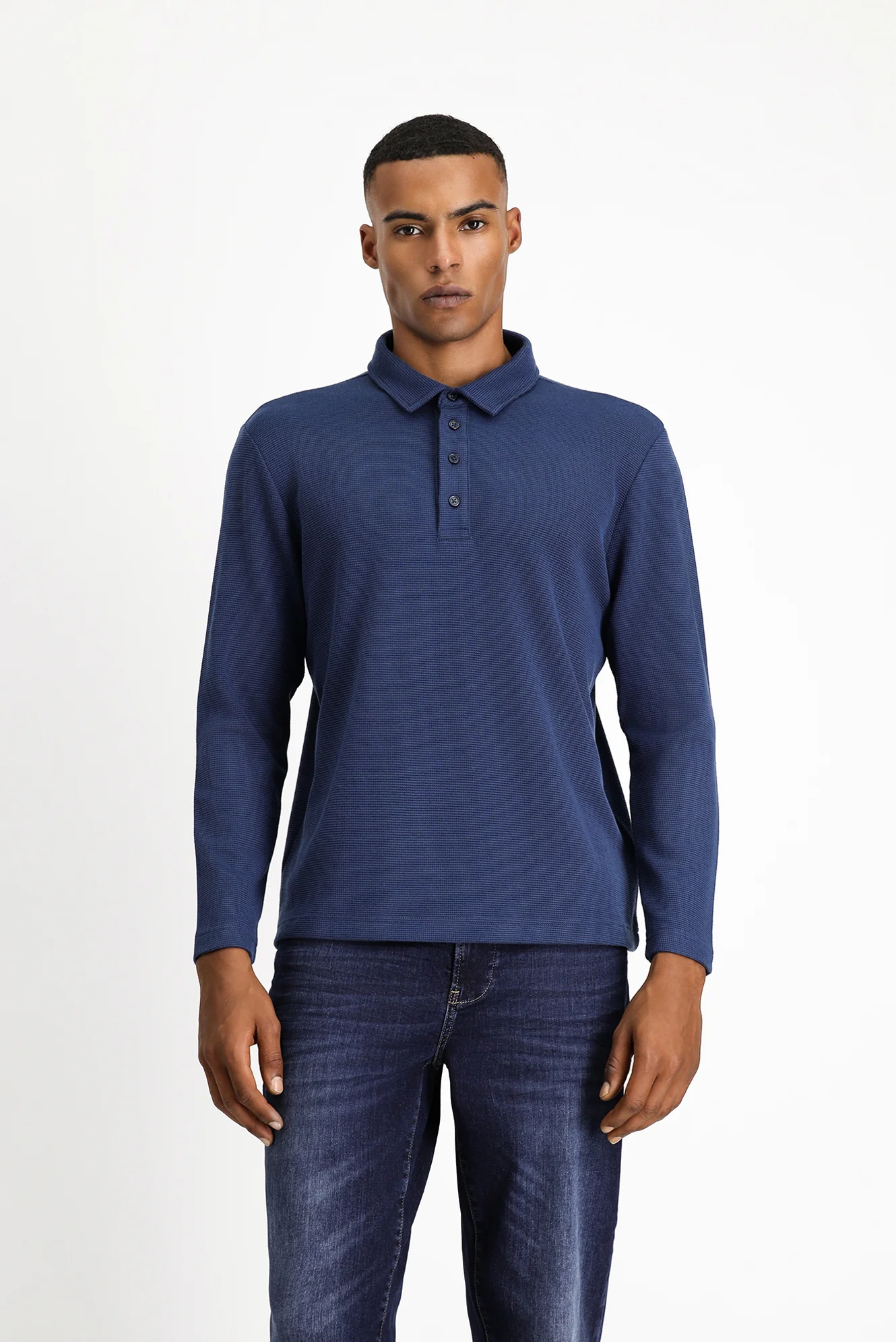 Koyu Lacivert Polo Yaka Slim Fit Dar Kesim Desenli Sweatshirt - Image 3