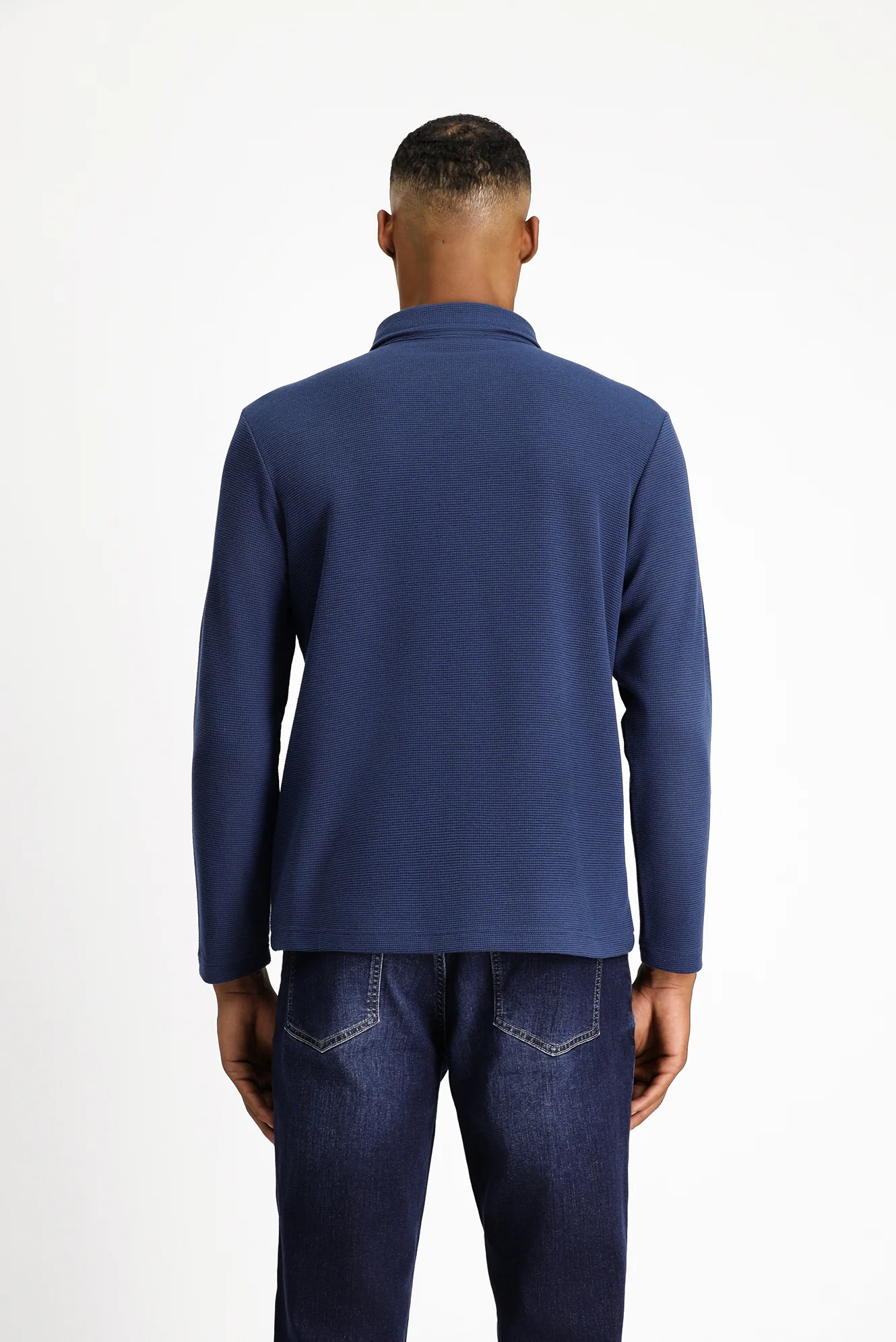 Koyu Lacivert Polo Yaka Slim Fit Dar Kesim Desenli Sweatshirt - Image 4