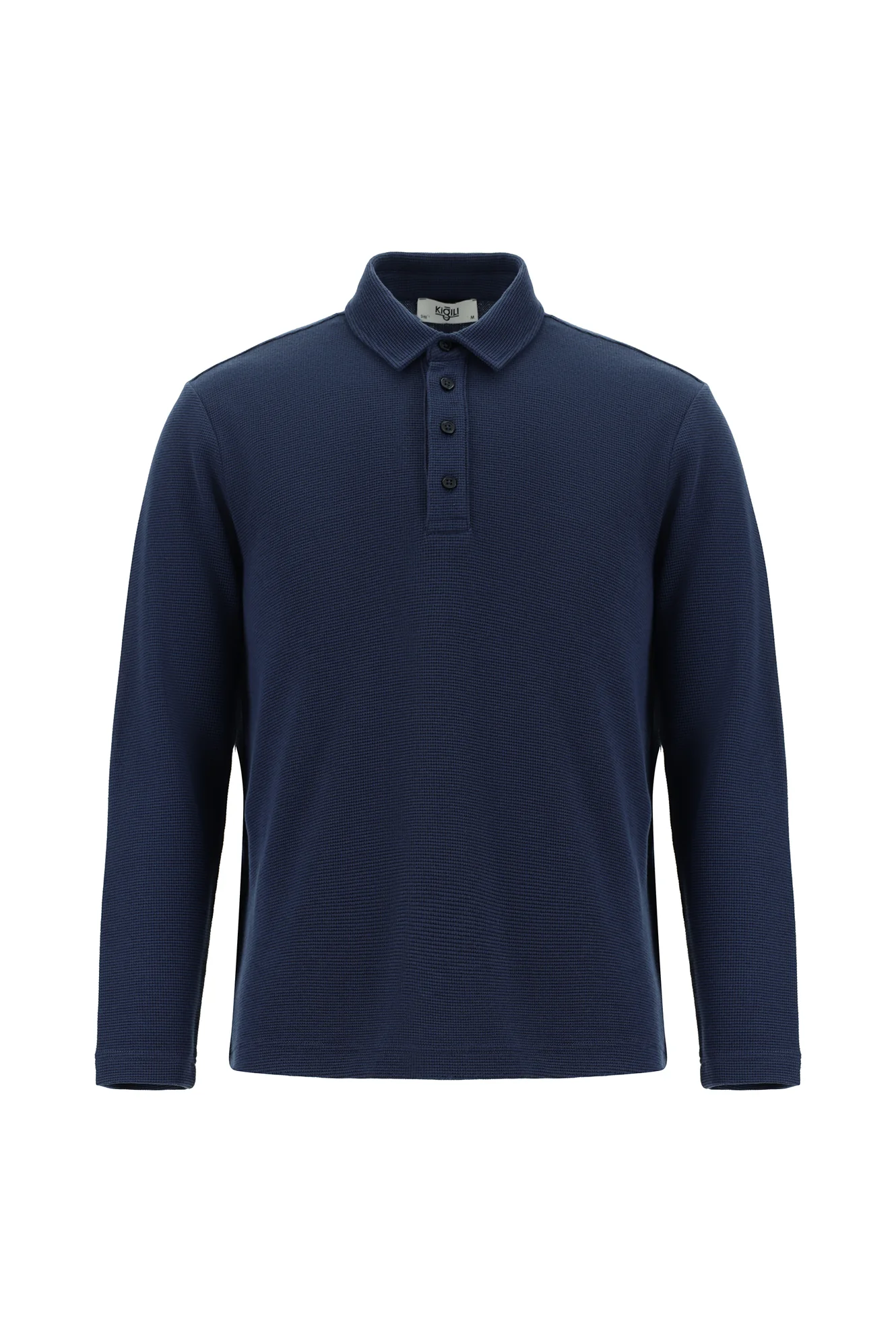 Koyu Lacivert Polo Yaka Slim Fit Dar Kesim Desenli Sweatshirt - Image 5