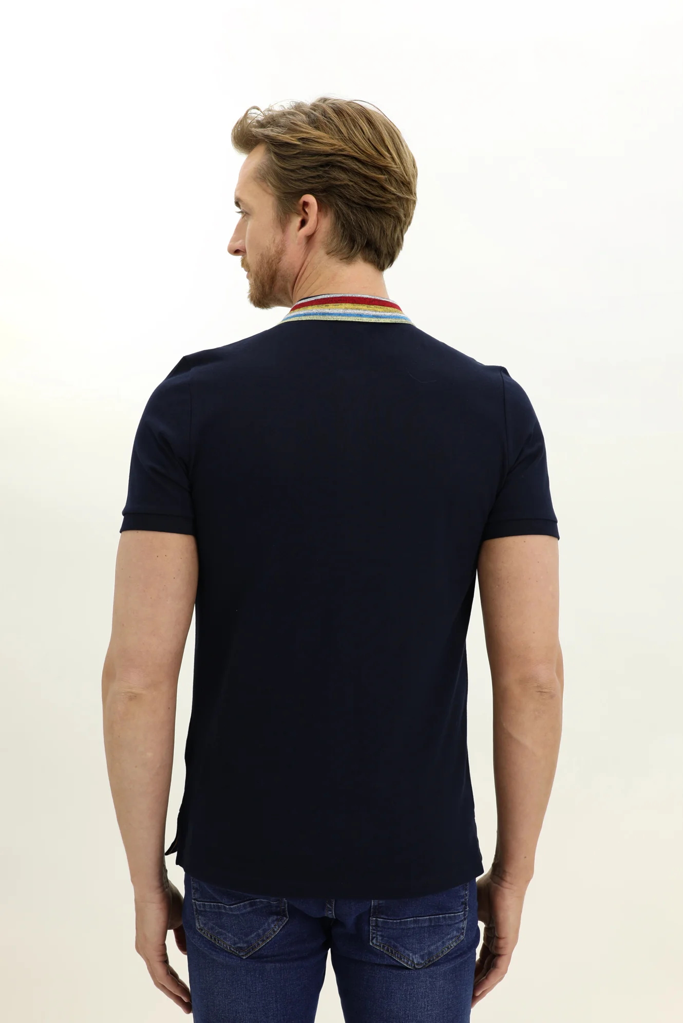 Koyu Lacivert Polo Yaka Slim Fit Dar Kesim Desenli Tişört - Image 5