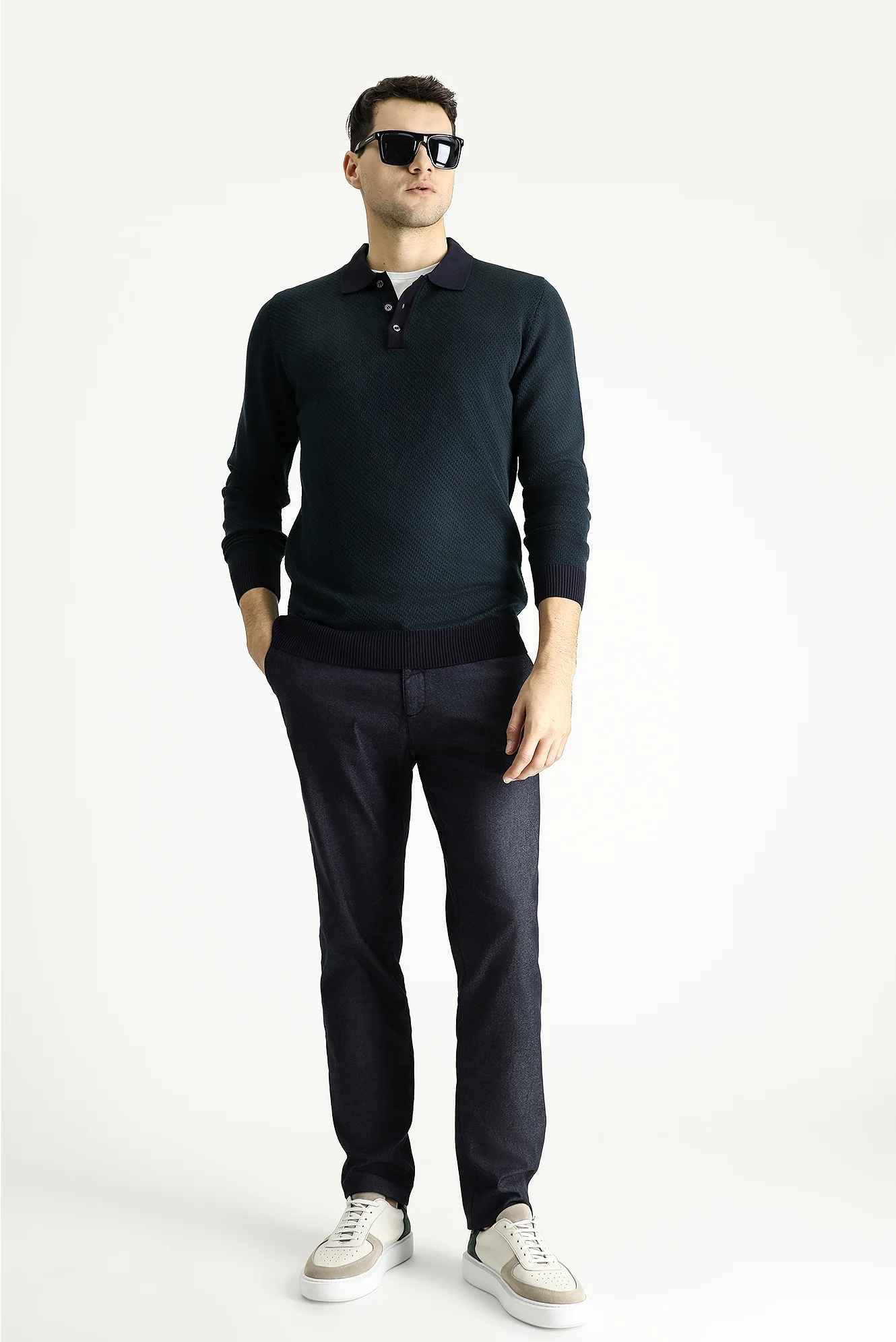 Koyu Lacivert Polo Yaka Slim Fit Dar Kesim Desenli Triko Kazak - Image 2