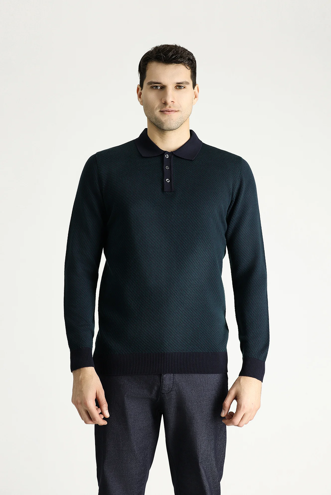Koyu Lacivert Polo Yaka Slim Fit Dar Kesim Desenli Triko Kazak - Image 3