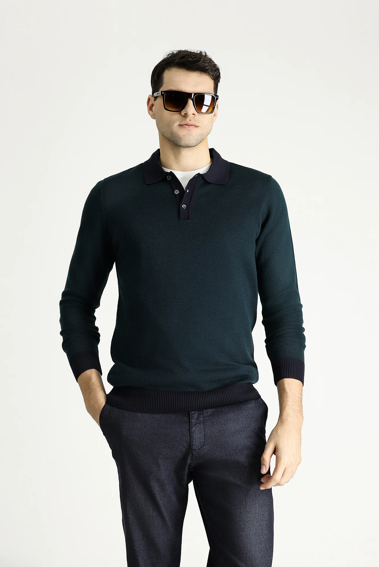 Koyu Lacivert Polo Yaka Slim Fit Dar Kesim Desenli Triko Kazak