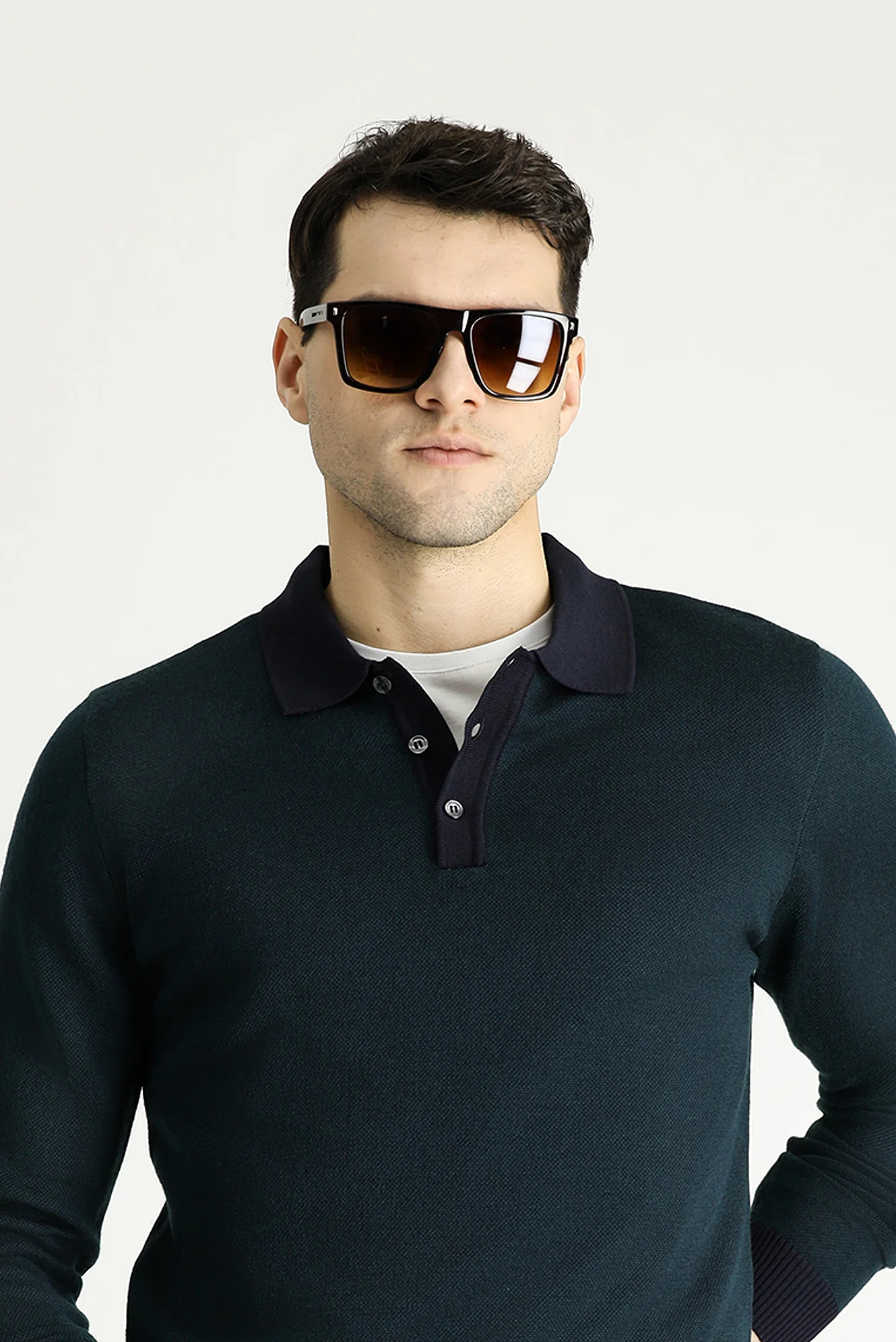 Koyu Lacivert Polo Yaka Slim Fit Dar Kesim Desenli Triko Kazak - Image 2