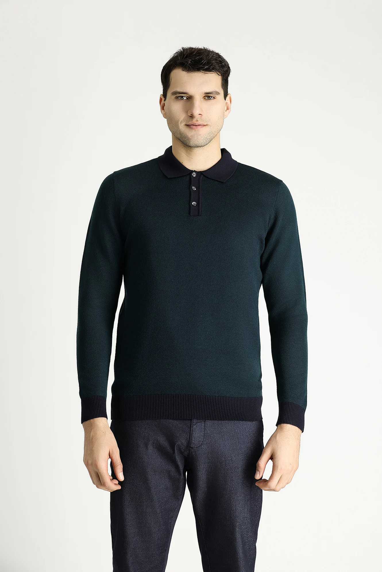 Koyu Lacivert Polo Yaka Slim Fit Dar Kesim Desenli Triko Kazak - Image 3