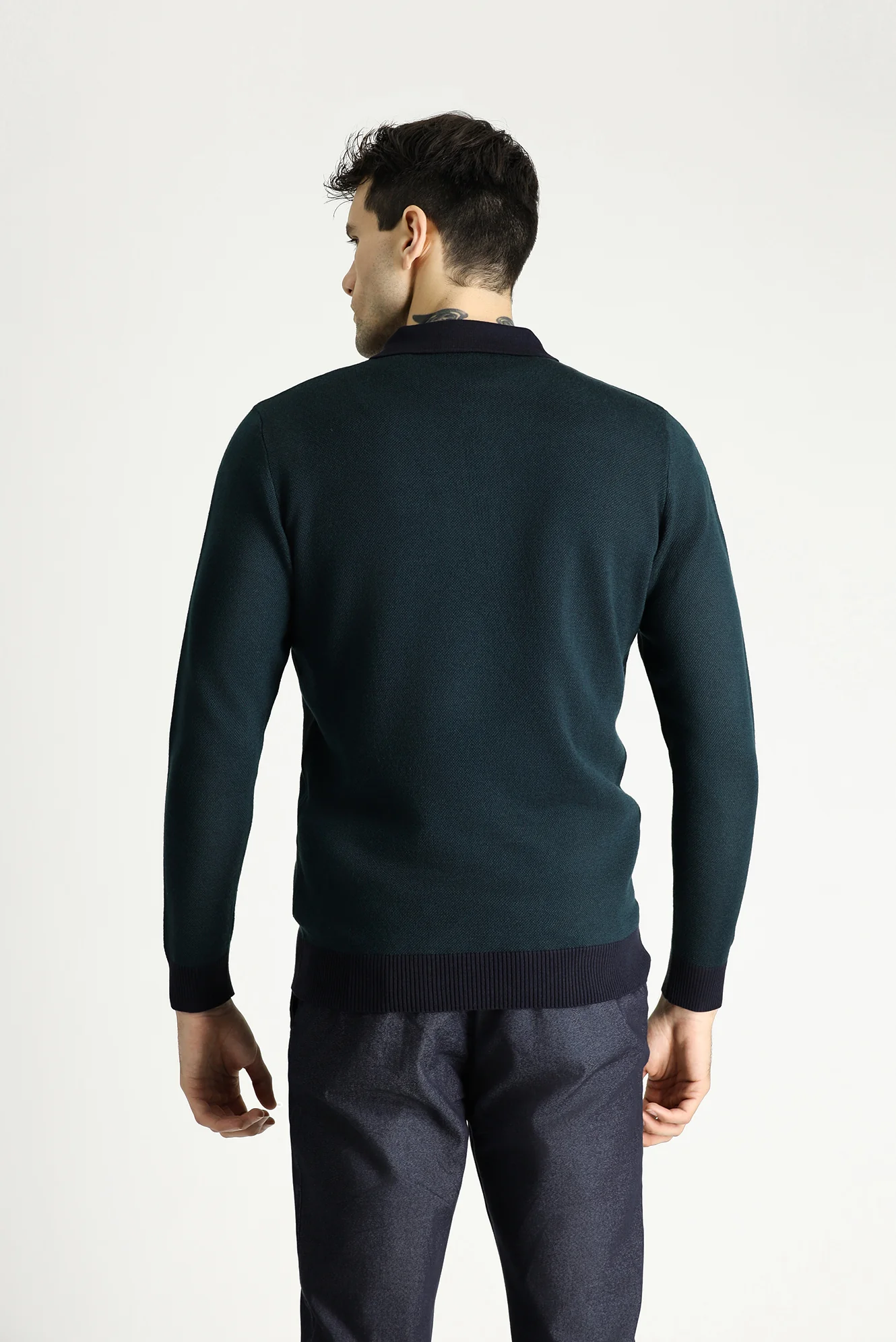 Koyu Lacivert Polo Yaka Slim Fit Dar Kesim Desenli Triko Kazak - Image 4