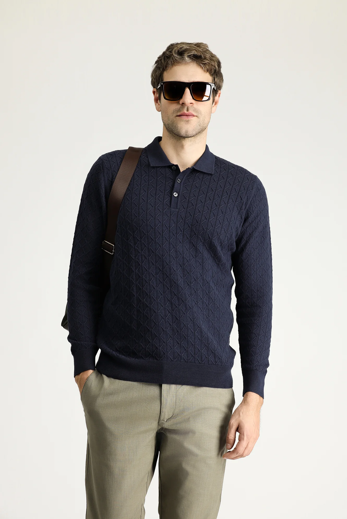 Koyu Lacivert Polo Yaka Slim Fit Dar Kesim Desenli Yünlü Pamuklu Triko Kazak