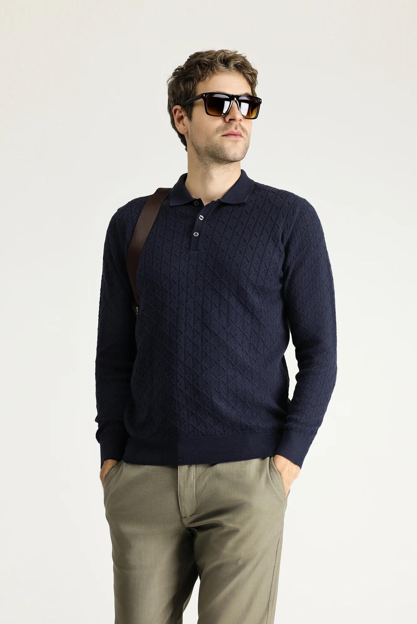 Koyu Lacivert Polo Yaka Slim Fit Dar Kesim Desenli Yünlü Pamuklu Triko Kazak - Image 2