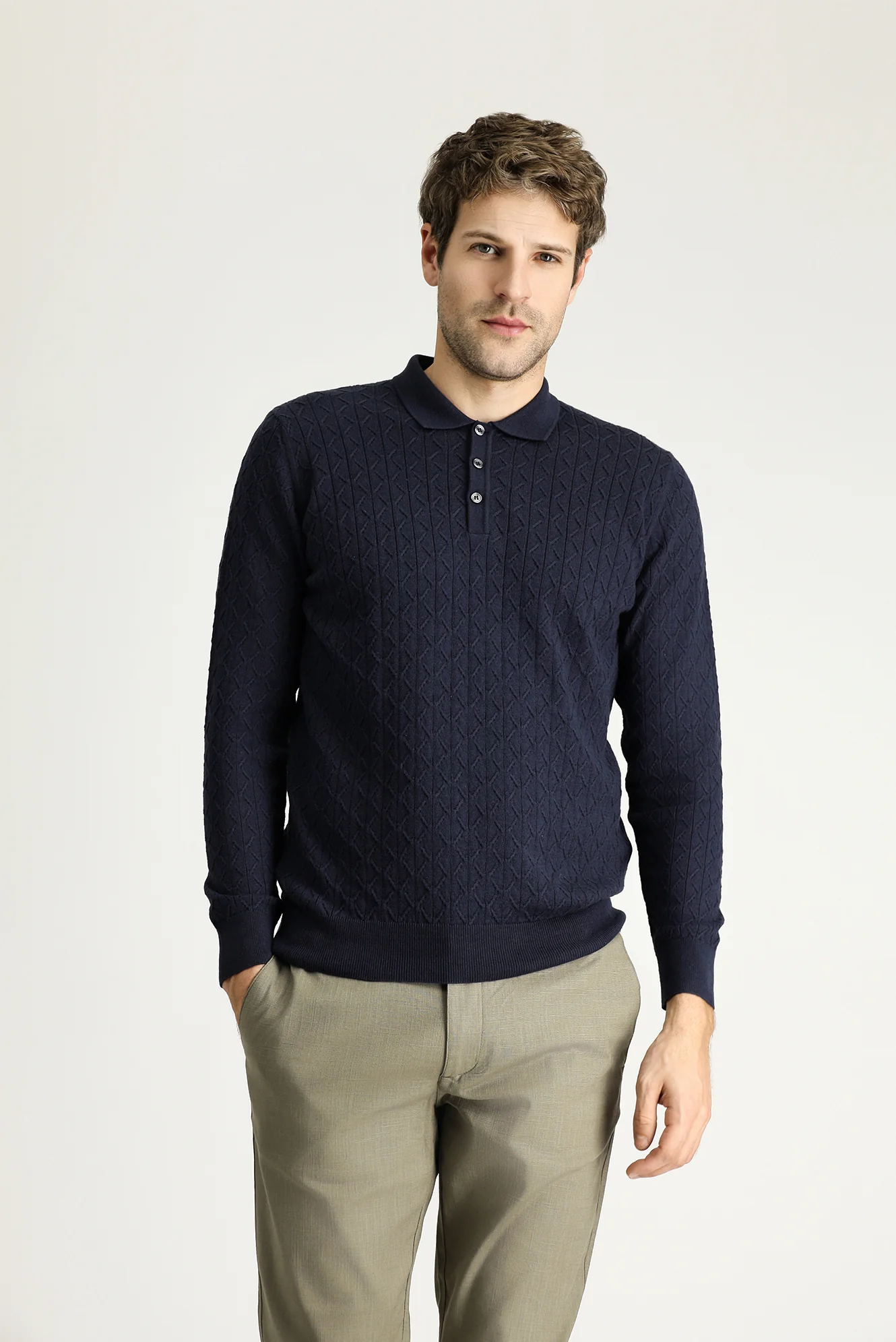 Koyu Lacivert Polo Yaka Slim Fit Dar Kesim Desenli Yünlü Pamuklu Triko Kazak - Image 3