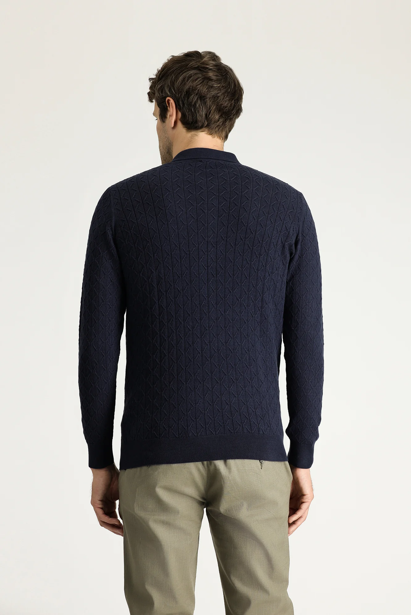 Koyu Lacivert Polo Yaka Slim Fit Dar Kesim Desenli Yünlü Pamuklu Triko Kazak - Image 4