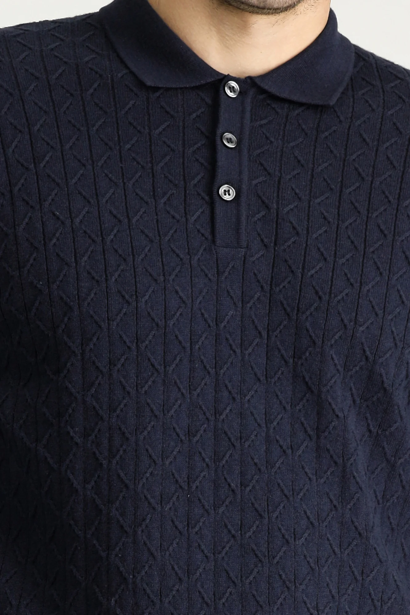 Koyu Lacivert Polo Yaka Slim Fit Dar Kesim Desenli Yünlü Pamuklu Triko Kazak - Image 5