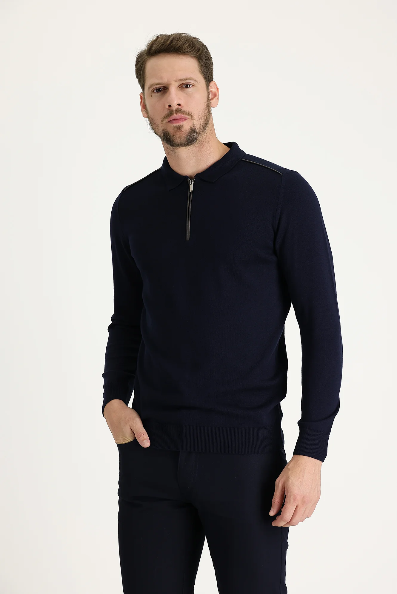 Koyu Lacivert Polo Yaka Slim Fit Dar Kesim Fermuarlı Desenli Triko Kazak - Image 2