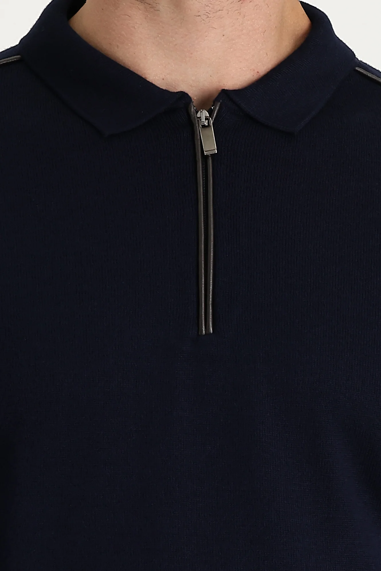 Koyu Lacivert Polo Yaka Slim Fit Dar Kesim Fermuarlı Desenli Triko Kazak - Image 4