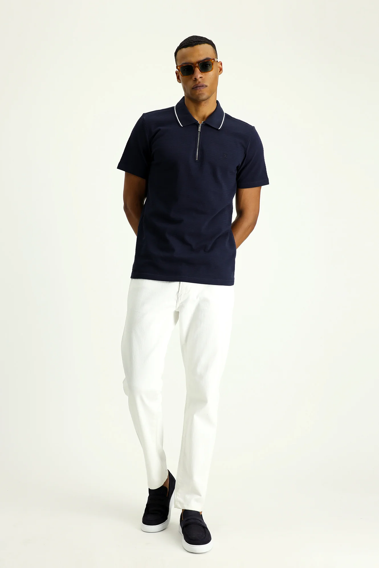 Koyu Lacivert Polo Yaka Slim Fit Dar Kesim Fermuarlı Pamuk Tişört - Image 2