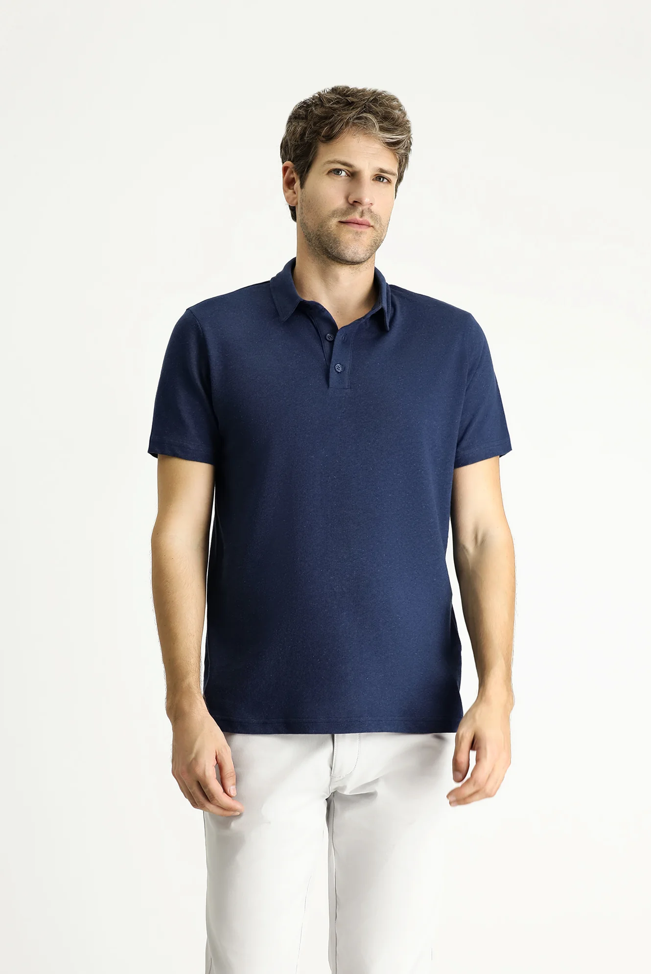 Koyu Lacivert Polo Yaka Slim Fit Dar Kesim Keten Karışımlı Tişört