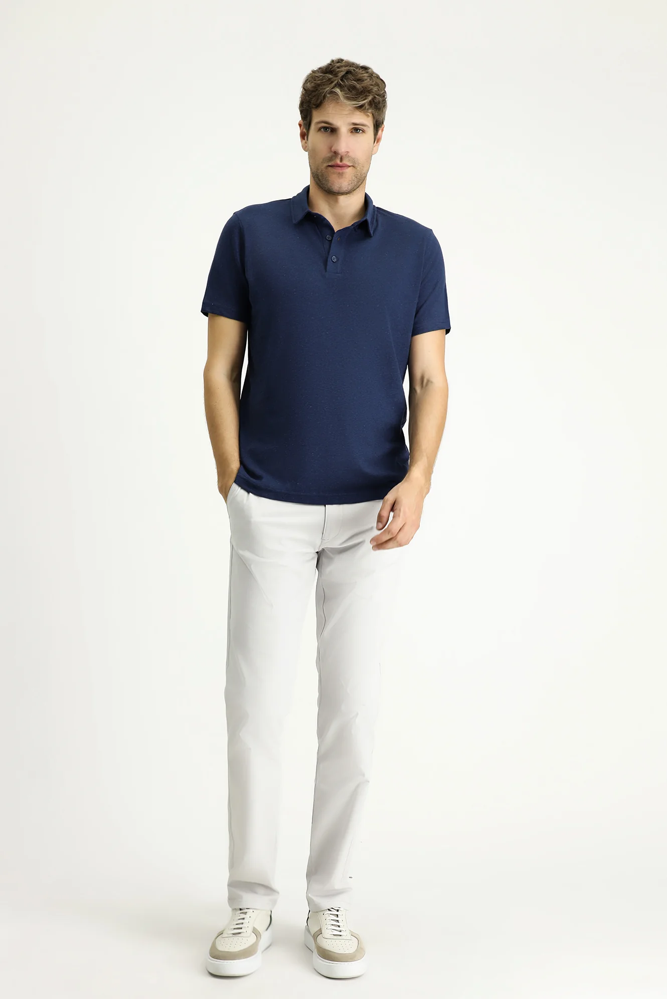 Koyu Lacivert Polo Yaka Slim Fit Dar Kesim Keten Karışımlı Tişört - Image 2