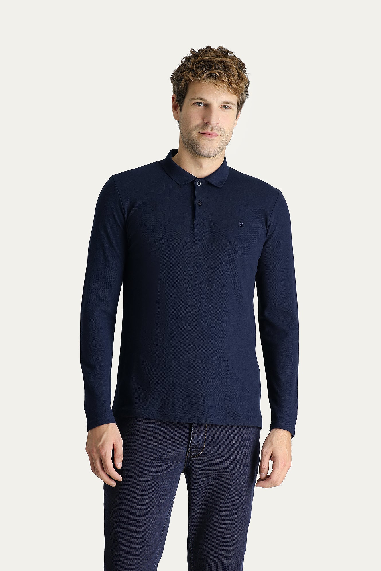 Koyu Lacivert Polo Yaka Slim Fit Dar Kesim Nakışlı Pamuk Sweatshirt - Image 3