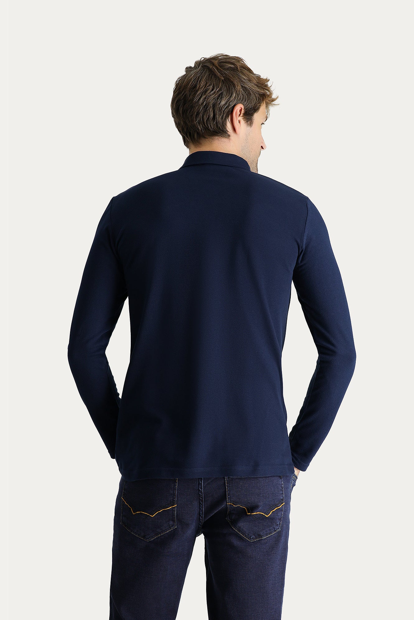 Koyu Lacivert Polo Yaka Slim Fit Dar Kesim Nakışlı Pamuk Sweatshirt - Image 4
