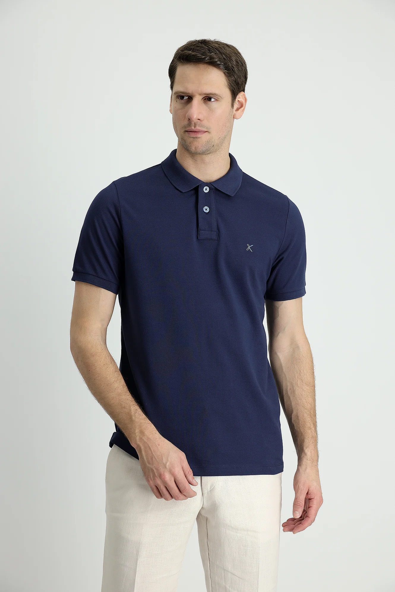 Koyu Lacivert Polo Yaka Slim Fit Dar Kesim Nakışlı Pamuk Tişört - Image 2