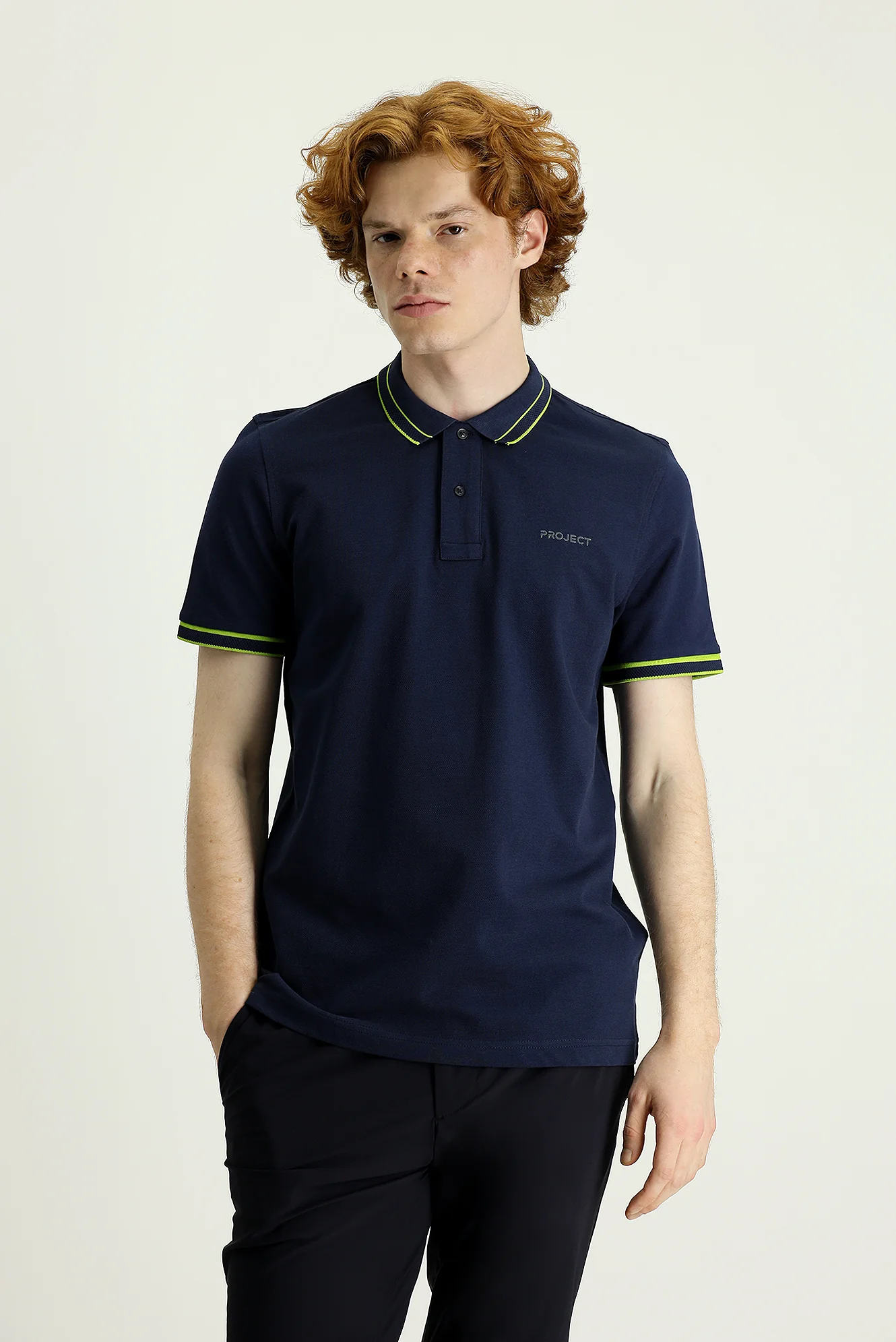 Koyu Lacivert Polo Yaka Slim Fit Dar Kesim Pamuk Tişört - Image 2