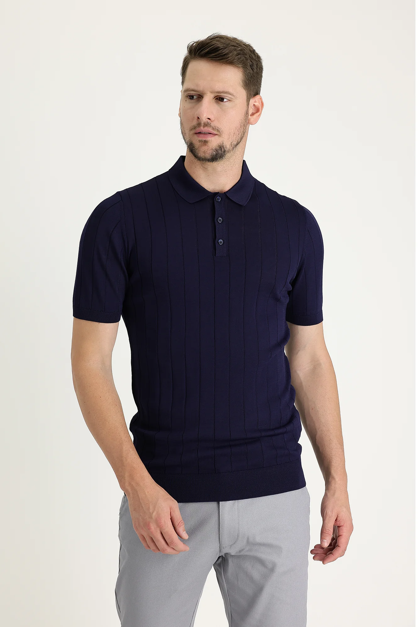 Koyu Lacivert Polo Yaka Slim Fit Dar Kesim Tişört