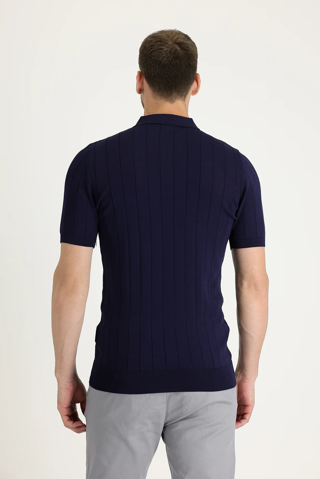 Koyu Lacivert Polo Yaka Slim Fit Dar Kesim Tişört - Image 3