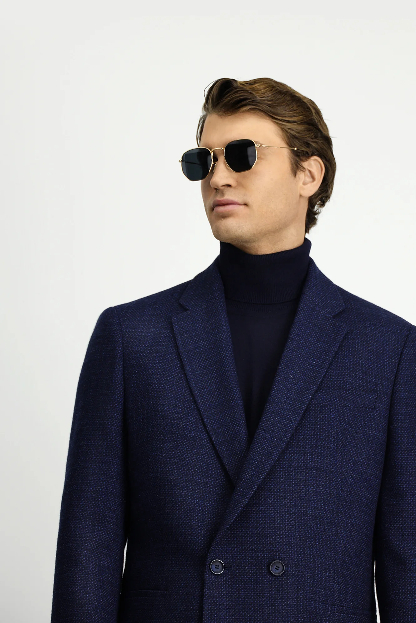 Koyu Lacivert 6 Drop Regular Fit Standart Kesim Desenli Yünlü Kruvaze Ceket