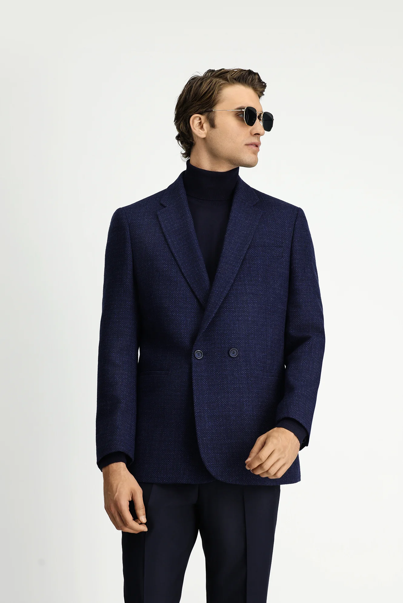 Koyu Lacivert 6 Drop Regular Fit Standart Kesim Desenli Yünlü Kruvaze Ceket - Image 3
