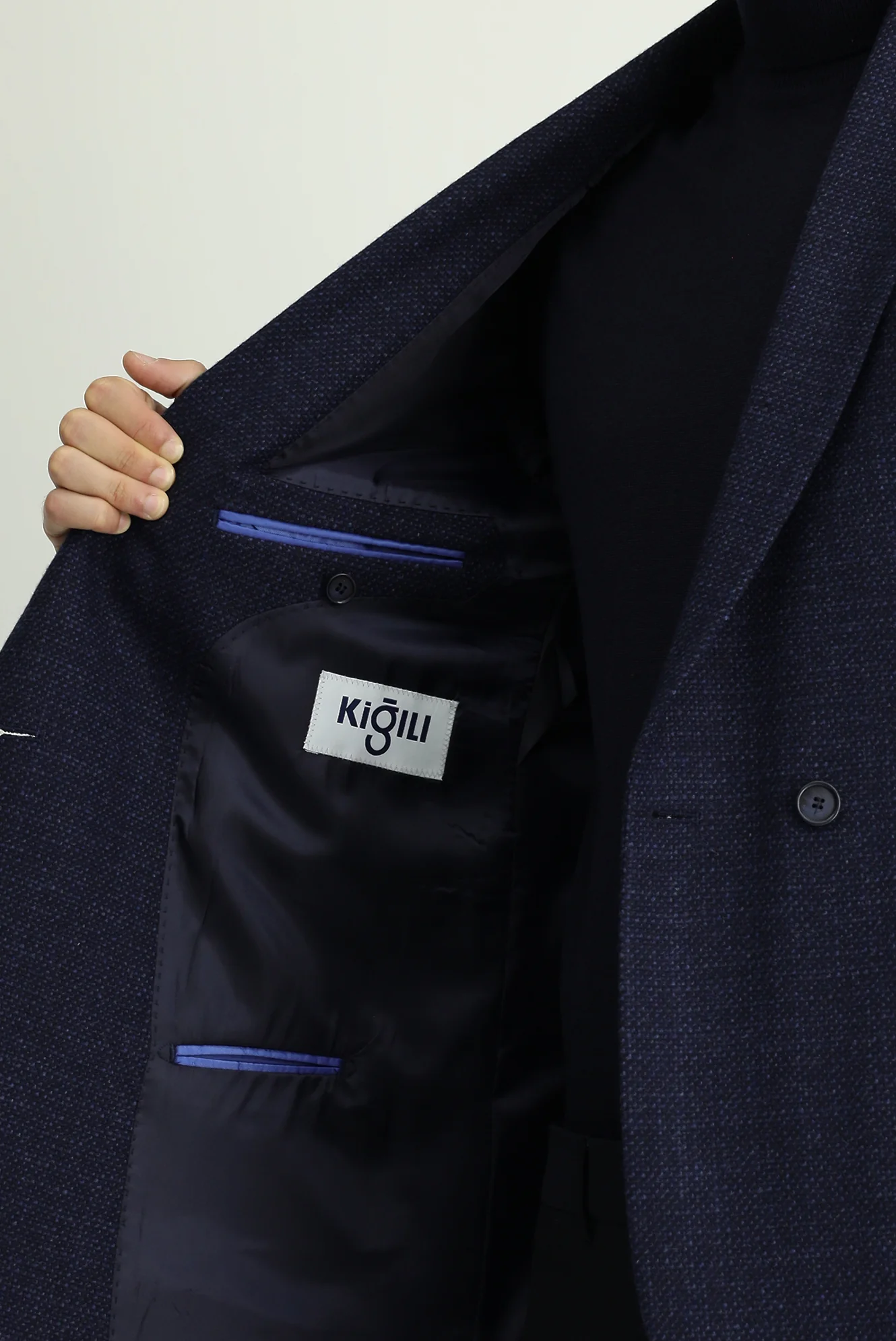Koyu Lacivert 6 Drop Regular Fit Standart Kesim Desenli Yünlü Kruvaze Ceket - Image 6