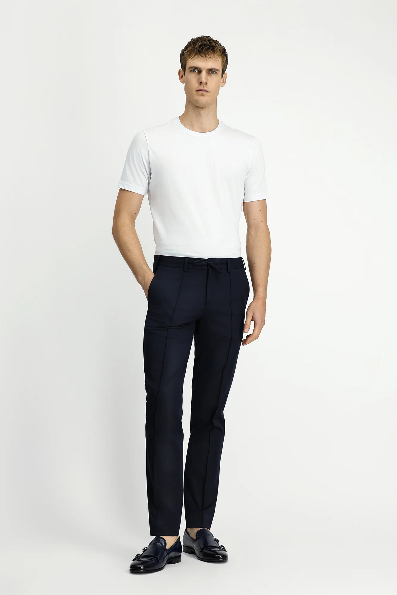 Koyu Lacivert 7 Drop Slim Fit Dar Kesim Nervürlü Beli İpli Klasik Kumaş Pantolon - Image 2