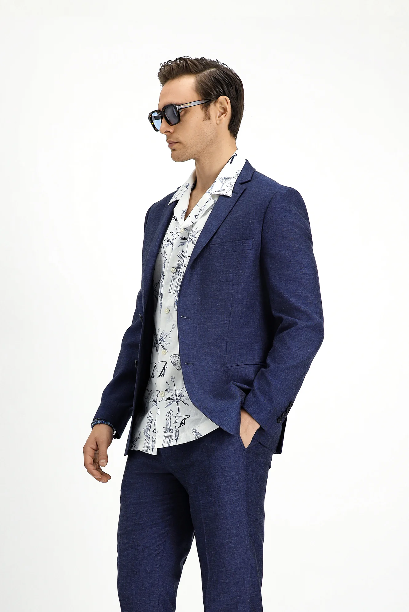 Koyu Lacivert 6 Drop Regular Fit Standart Kesim Beli Lastikli İpli Çizgili Ketenli Takım Elbise - Image 3