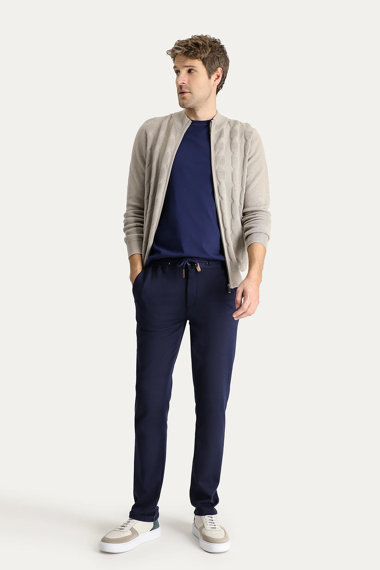 Koyu Lacivert Regular Fit Standart Kesim Beli Lastikli İpli Çizgili Likralı Pantolon - Image 2