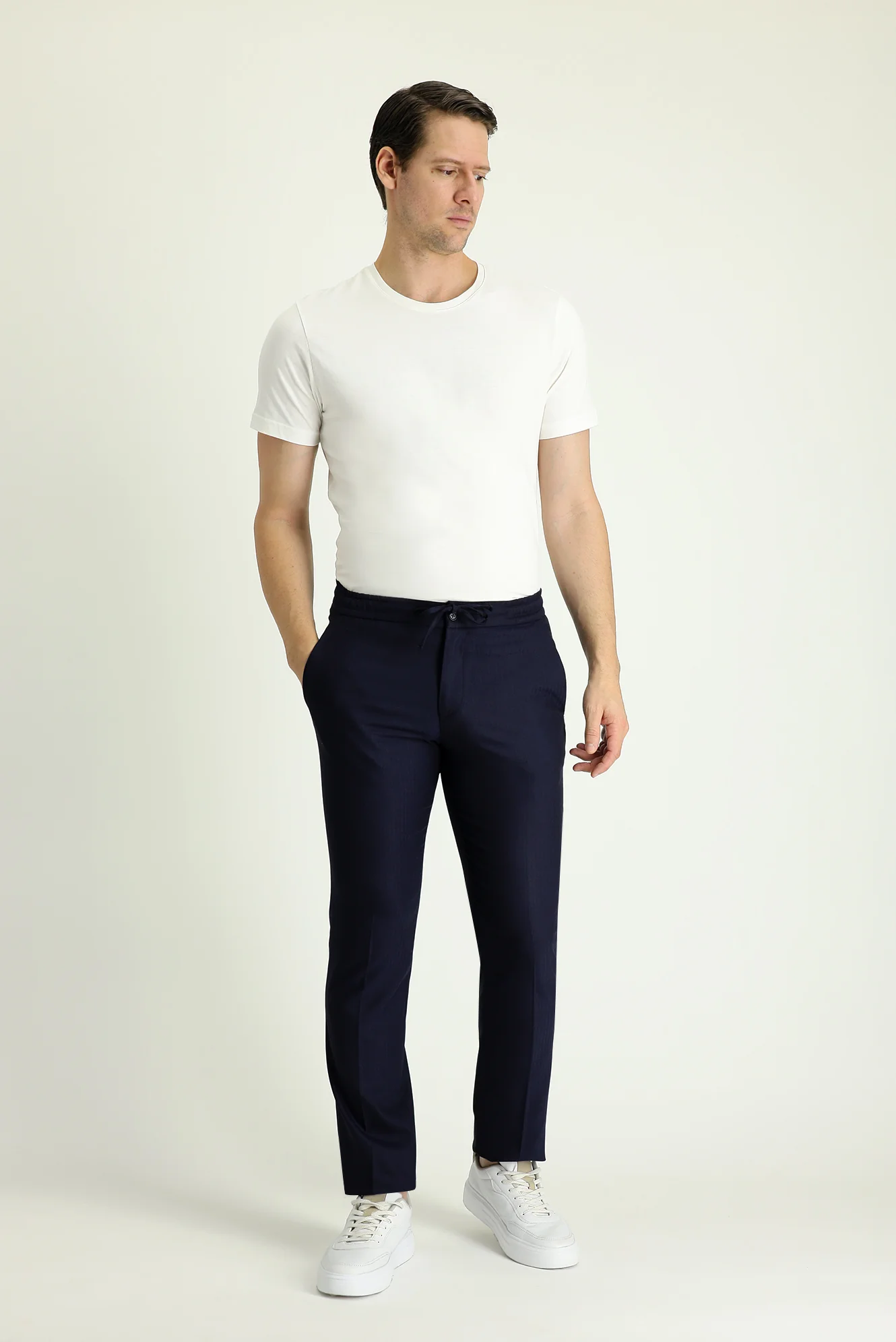 Koyu Lacivert 6 Drop Regular Fit Standart Kesim Beli Lastikli İpli Desenli Likralı Klasik Kumaş Pantolon