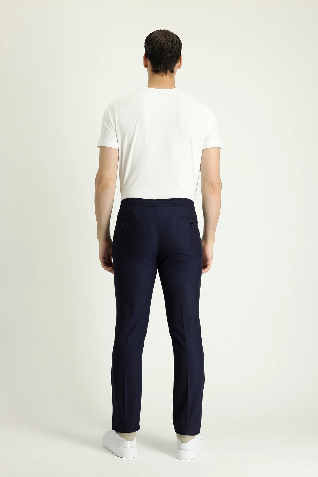 Koyu Lacivert 6 Drop Regular Fit Standart Kesim Beli Lastikli İpli Desenli Likralı Klasik Kumaş Pantolon - Image 3