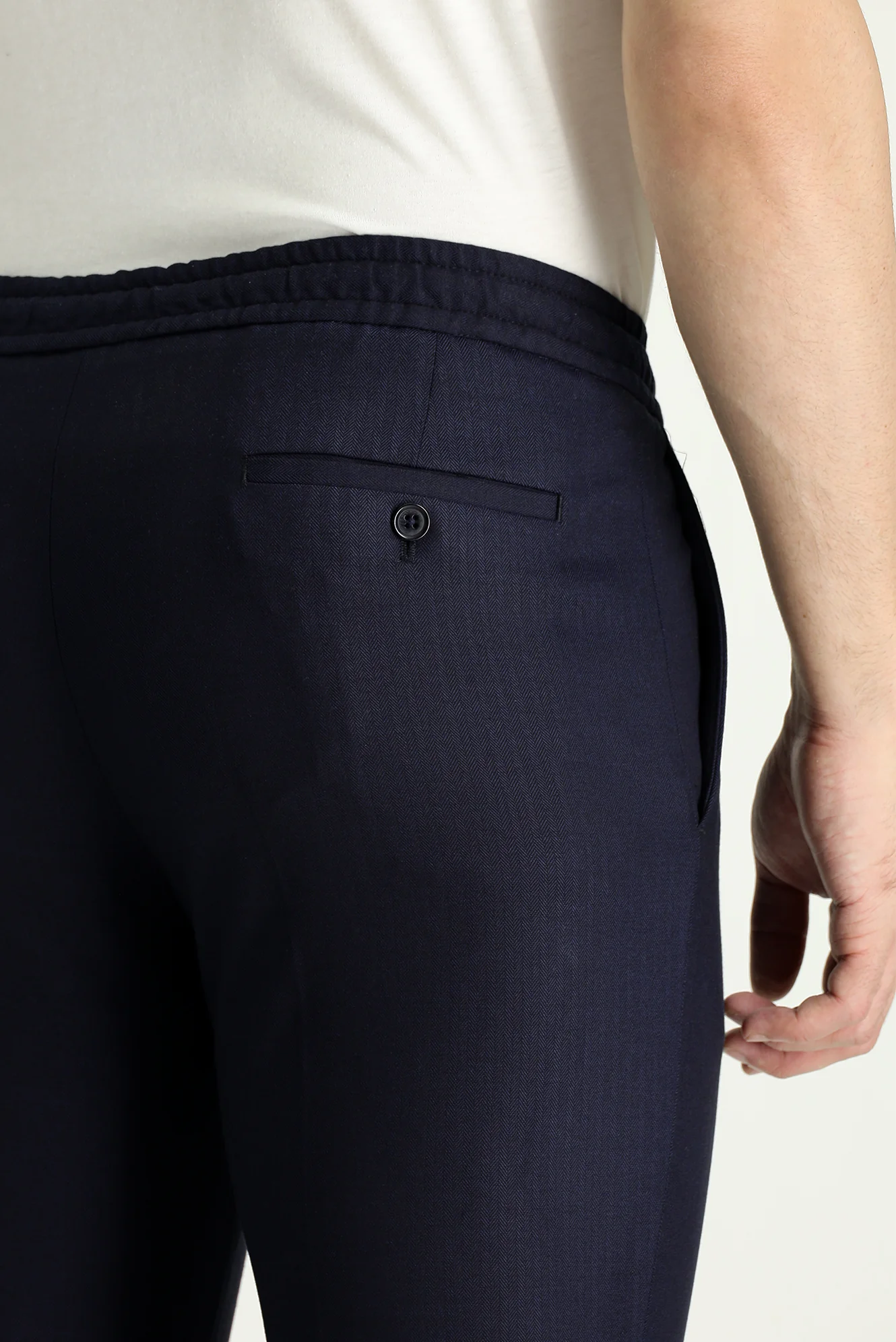 Koyu Lacivert 6 Drop Regular Fit Standart Kesim Beli Lastikli İpli Desenli Likralı Klasik Kumaş Pantolon - Image 4