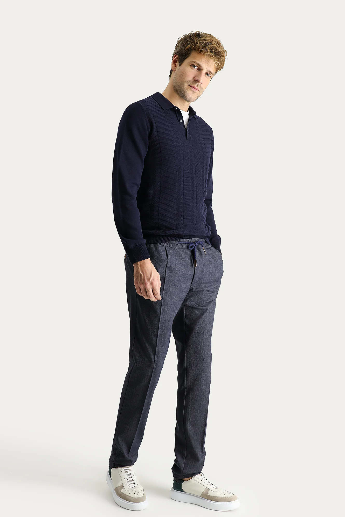 Koyu Lacivert Regular Fit Standart Kesim Beli Lastikli İpli Desenli Likralı Pantolon
