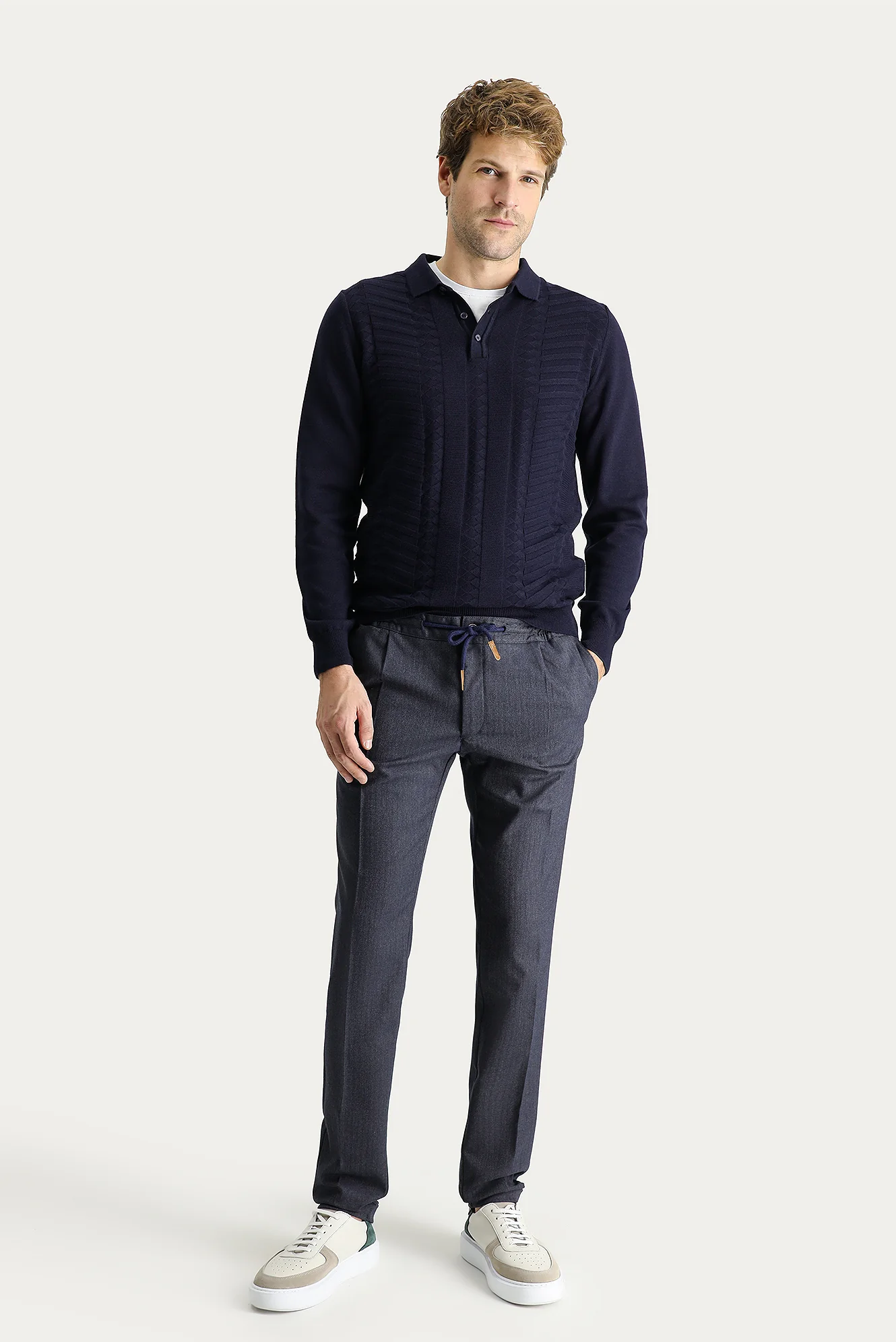 Koyu Lacivert Regular Fit Standart Kesim Beli Lastikli İpli Desenli Likralı Pantolon - Image 2