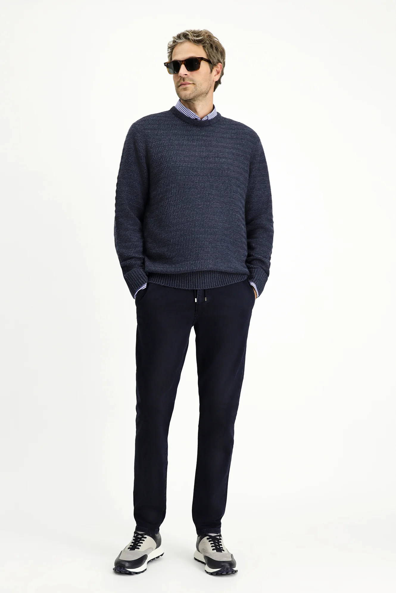 Koyu Lacivert Regular Fit Standart Kesim Beli Lastikli İpli Likralı Denim Pantolon