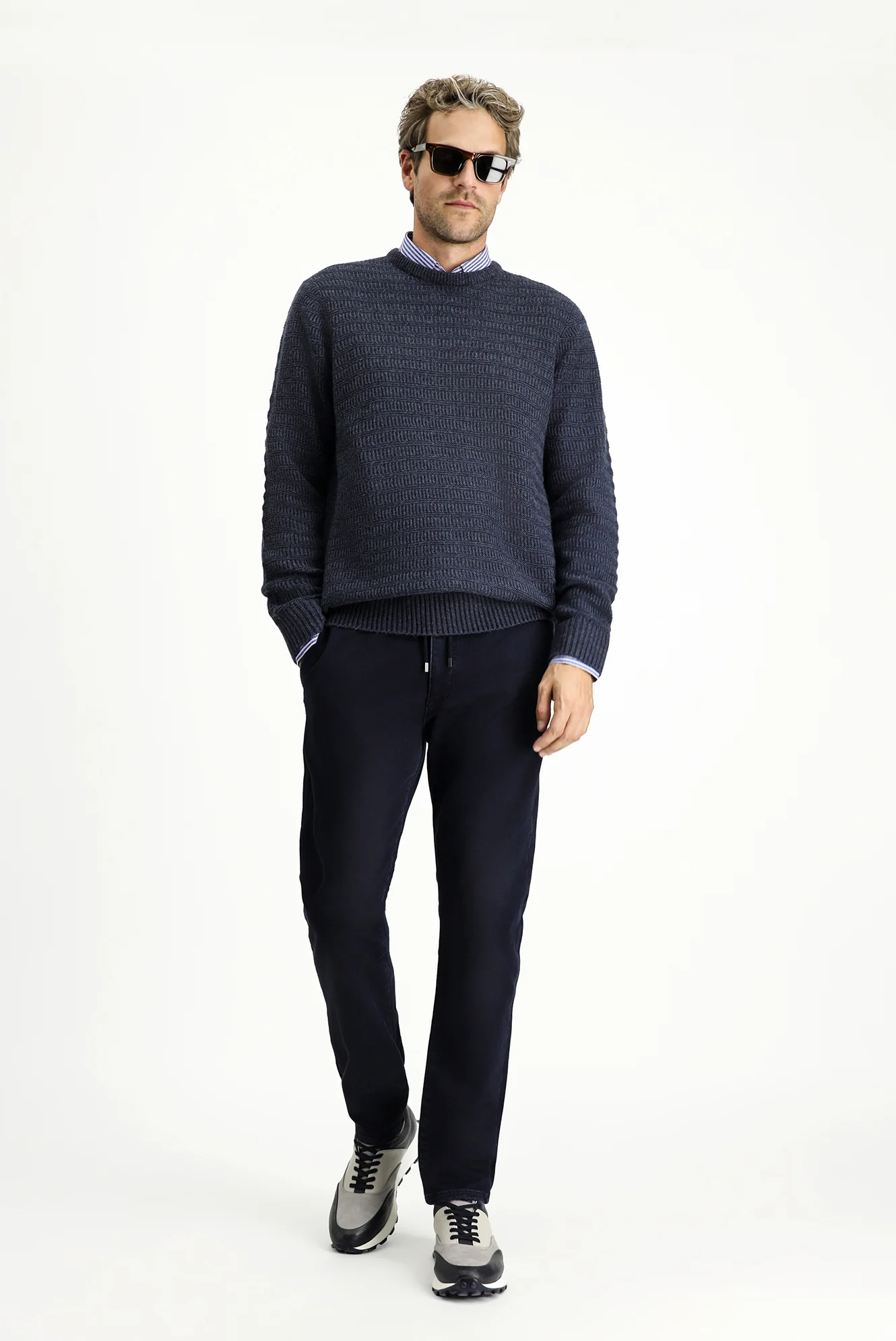 Koyu Lacivert Regular Fit Standart Kesim Beli Lastikli İpli Likralı Denim Pantolon - Image 3