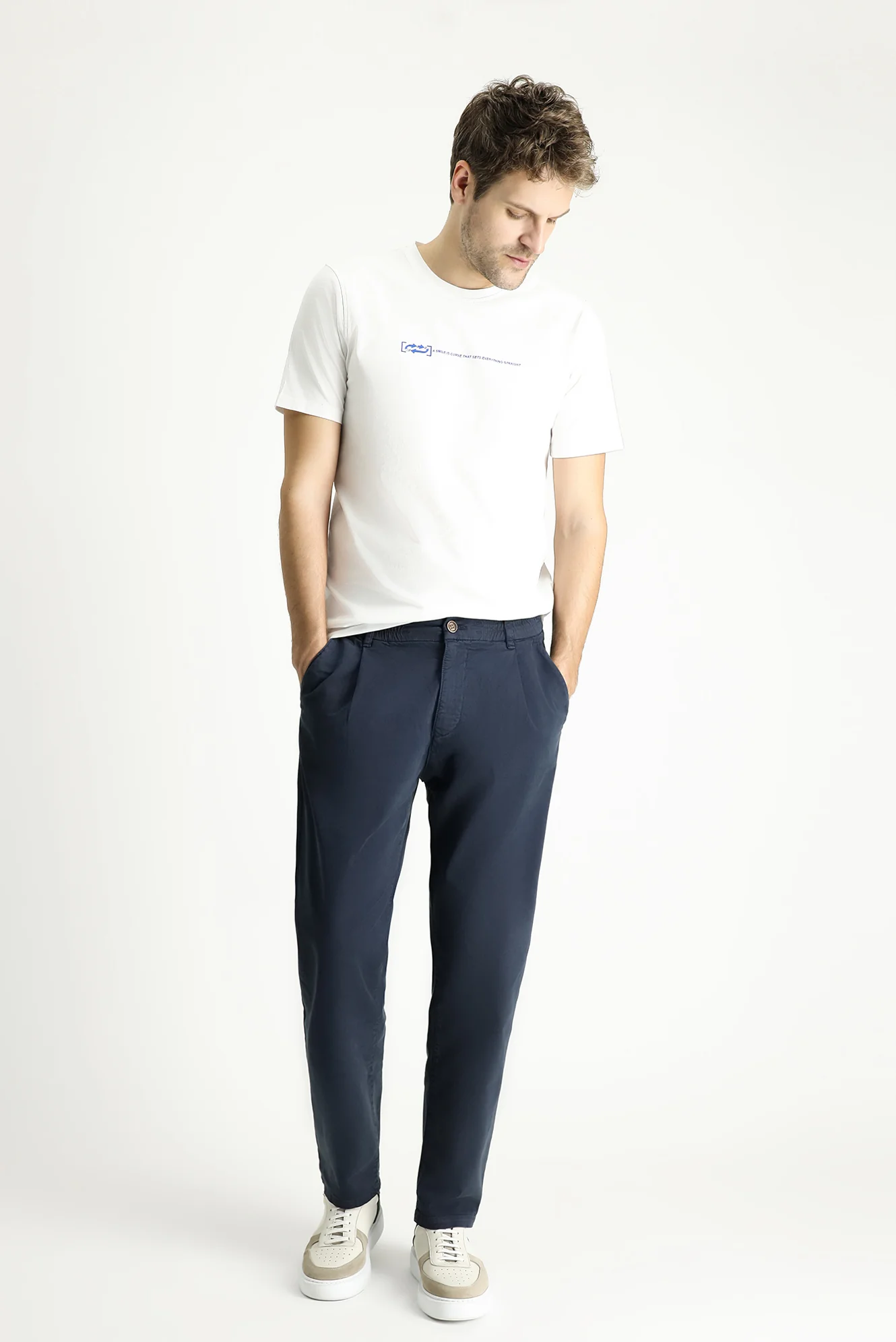 Koyu Lacivert Regular Fit Standart Kesim Beli Lastikli Likralı Kanvas / Chino Pantolon