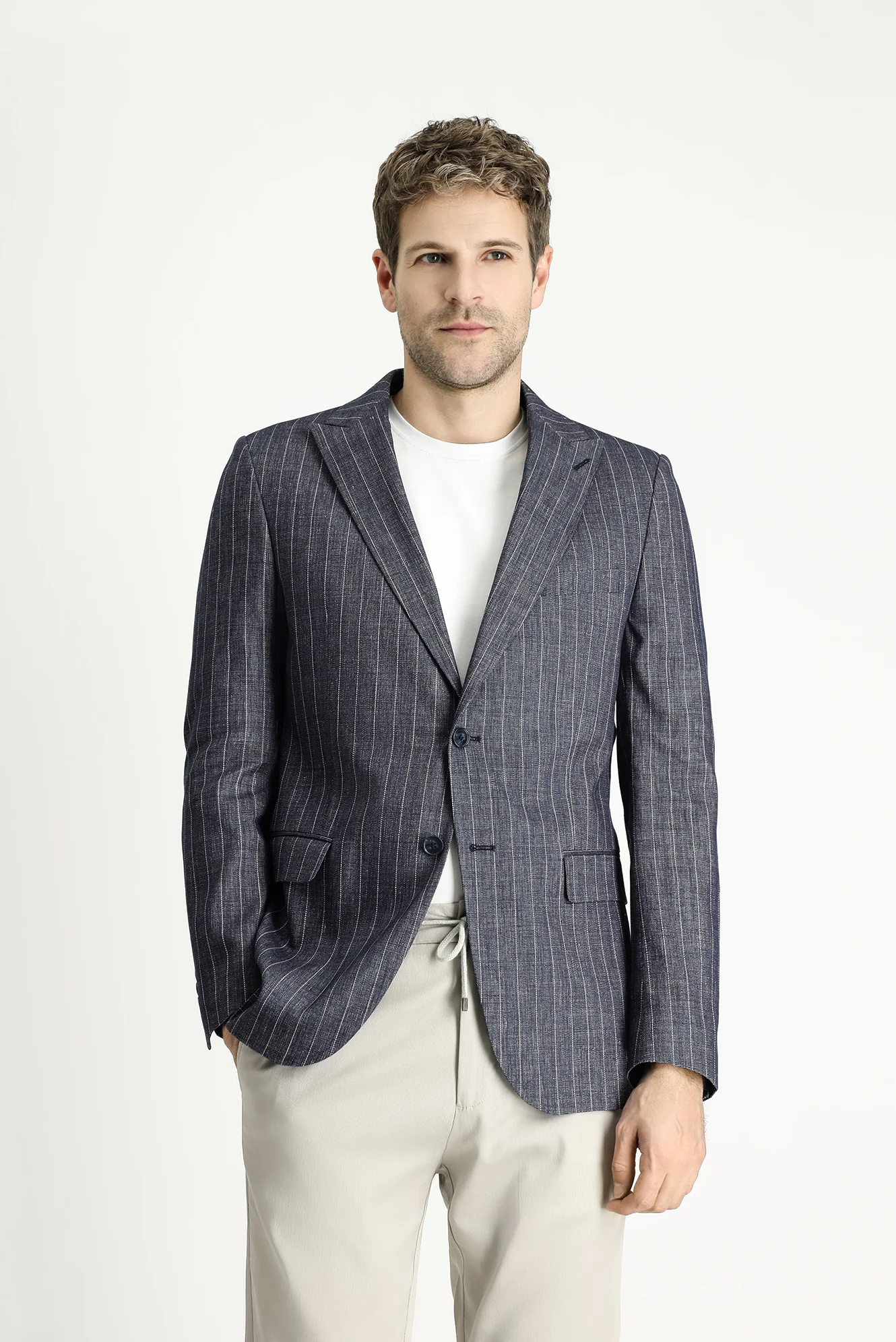 Koyu Lacivert 6 Drop Regular Fit Standart Kesim Çizgili Keten Karışımlı Ceket - Image 4