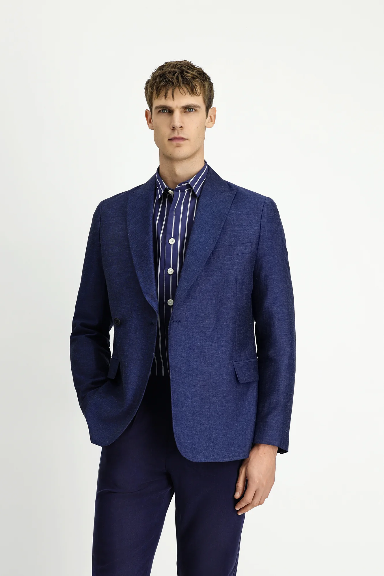 Koyu Lacivert 6 Drop Regular Fit Standart Kesim Çizgili Keten Karışımlı Kruvaze Ceket - Image 2