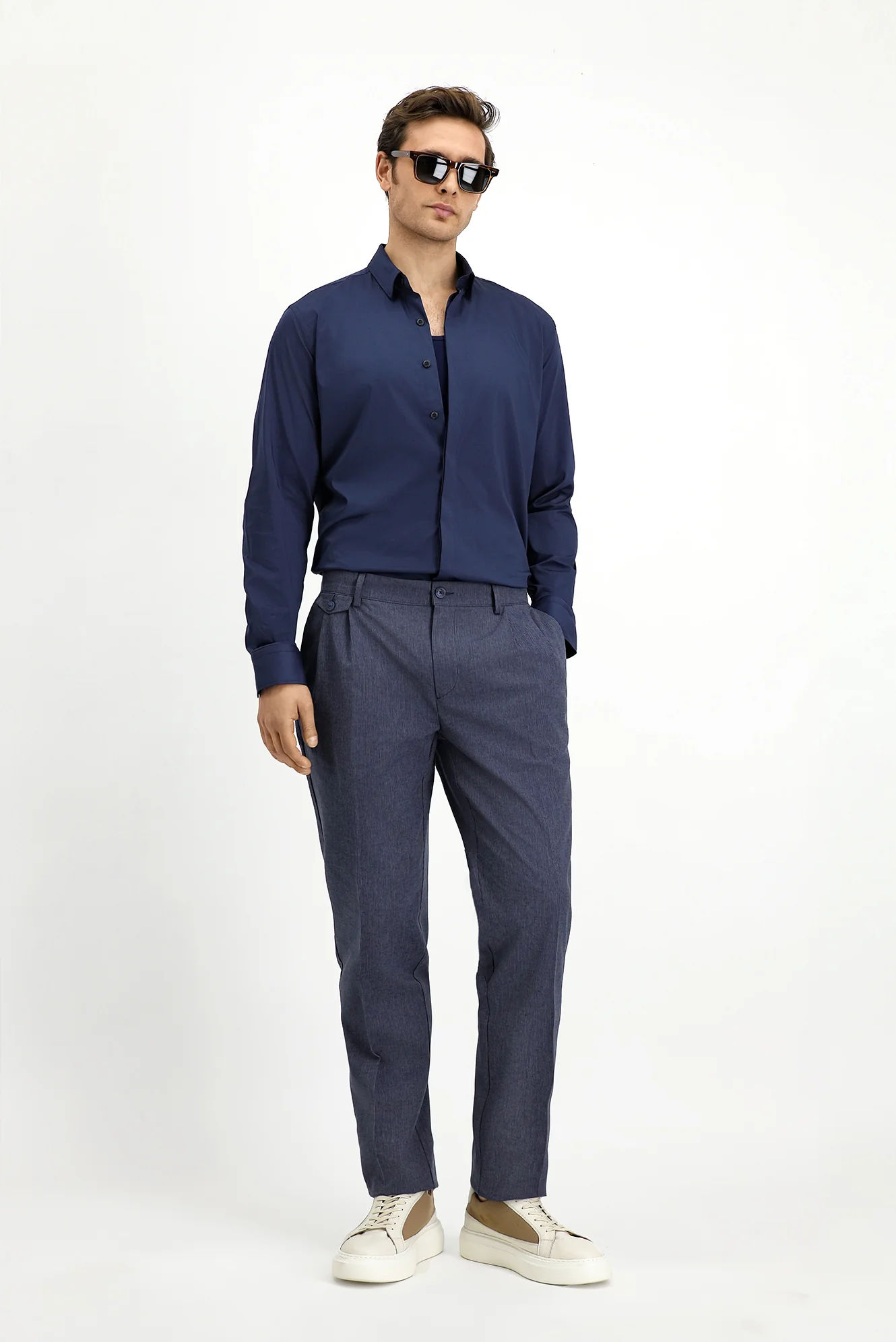 Koyu Lacivert 6 Drop Regular Fit Standart Kesim Çizgili Keten Karışımlı Pileli Klasik Kumaş Pantolon - Image 3