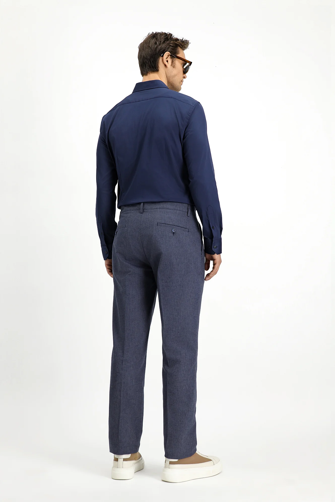 Koyu Lacivert 6 Drop Regular Fit Standart Kesim Çizgili Keten Karışımlı Pileli Klasik Kumaş Pantolon - Image 4