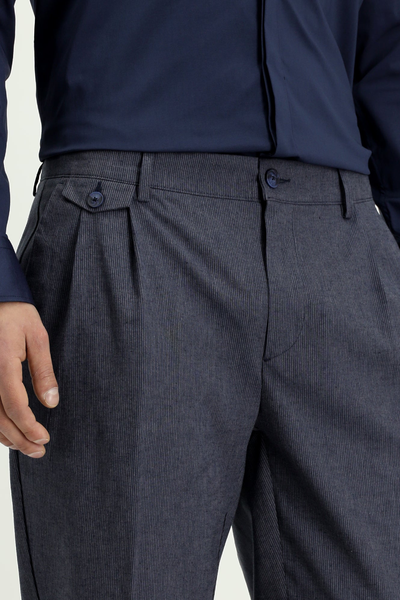 Koyu Lacivert 6 Drop Regular Fit Standart Kesim Çizgili Keten Karışımlı Pileli Klasik Kumaş Pantolon - Image 5